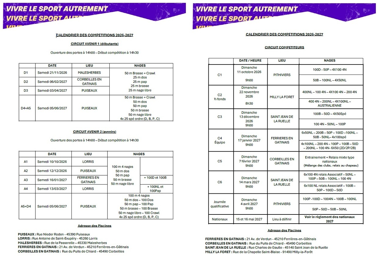 Calendrier des compétitions 2026/2027