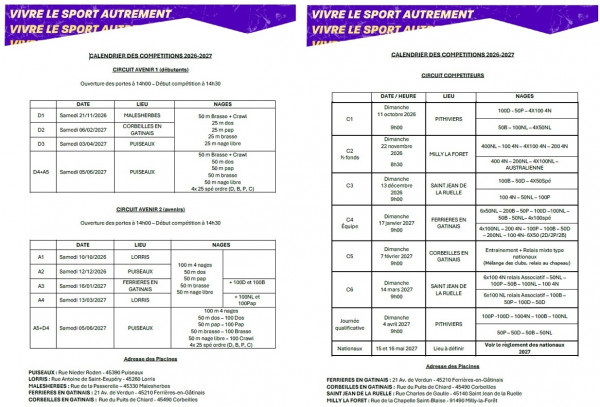 Calendrier des compétitions 2026/2027